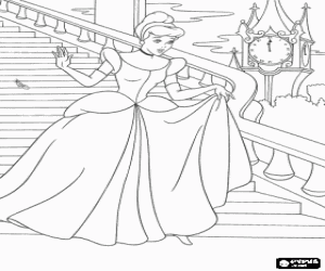 desenho de Cinderela descendo as escadas do pal�cio rapidamente e perdendo um sapatinho de cristal ao tocar o sino da meia-noite para colorir