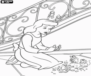 desenho de Cinderela desconsolada com os peda�os do sapatinho de cristal e os seus amigos, os ratos Jaque e Tat� para colorir