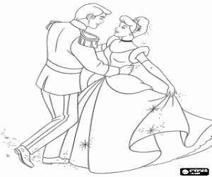 desenho de Cinderela eo Pr�ncipe dan�ando apaixonados na grande festa do palacio para colorir