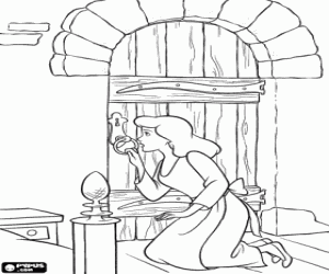 desenho de Cinderela olhando pelo buraco da fechadura de seu quarto para colorir