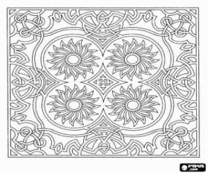 desenho de Complexo mandala com quatro s�is ou quatro flores para colorir