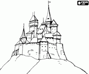 desenho de Constru��o  fortificada ou castelo no topo de uma montanha para colorir