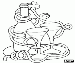 desenho de Copos e garrafas com uma serpentina na noite de Ano Novo para colorir