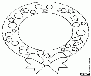 desenho de Coroa com uma fita e decorada com enfeites de Natal para colorir
