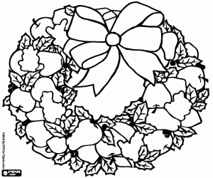 desenho de Coroa de Natal composta por folhas de azevinho e variedade de frutas com um grande la�o para colorir