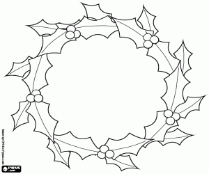 desenho de Coroa de Natal de folhas de azevinho com bagas vermelhas para colorir