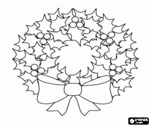 desenho de Coroa de Natal de folhas de azevinho com um grande la�o decorativo para colorir