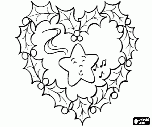 desenho de Coroa do Natal em forma de cora��o feita de folhas de azevinho e com uma estrela no centro para colorir