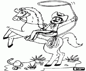 desenho de Cowboy com o la�o a cavalo sobre as pernas traseiras ao ver uma cobra para colorir