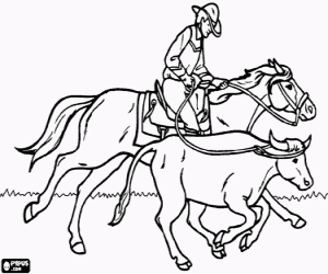 desenho de Cowboy ou vaqueiro que monta um cavalo e que trava uma cabe�a de gado com o lasso para colorir