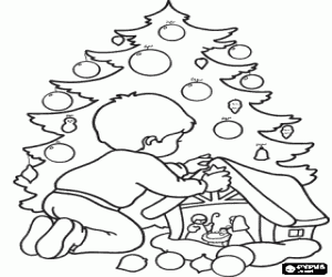desenho de Crian�a colocando a estrela no pres�pio em frente � �rvore de Natal para colorir