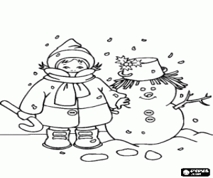 desenho de Crian�a com cachecol, gorro de l� e um bast�o com um boneco de neve decorado com folhas de azevinho para colorir