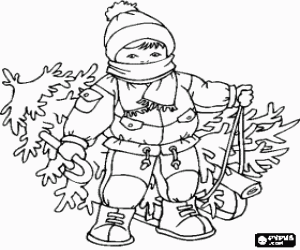 desenho de Crian�a com gorro e cachecol quente arrastando uma �rvore de Natal para colorir