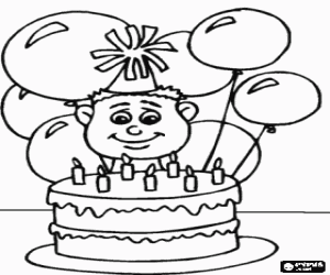 desenho de Crian�a em sua festa de anivers�rio com bal�es e um chap�u, prestes a soprar as velas do bolo para colorir