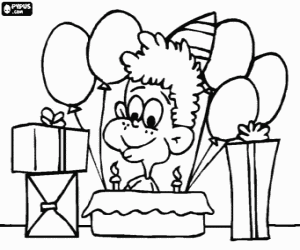desenho de Crian�a na celebra��o do seu anivers�rio com o bolo com velas, brindes e bal�es para colorir