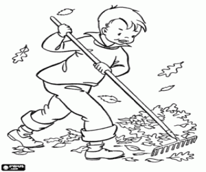 desenho de Criança pegar as folhas secas com um ancinho para colorir