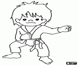 desenho de Crian�a praticando artes marciais, na forma��o de karat� com o uniforme karategi: camisa ou kimono, cal�a e cinto para colorir