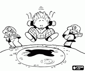 desenho de Crian�a saltando em uma po�a com dois amigos assistindo para colorir