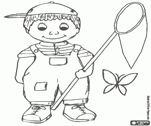 desenho de Crian�a tenta pegar uma borboleta com uma rede pelas borboletas para colorir