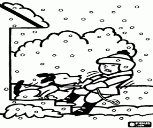 desenho de Crian�a tentando andar o c�o durante uma forte nevasca para colorir