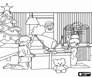desenho de Crian�as abrindo um enorme presente de Natal sob os olhos do Papai Noel para colorir