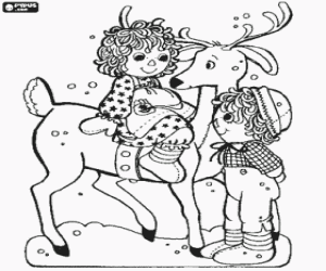 desenho de Crian�as brincando com uma rena de Natal para colorir