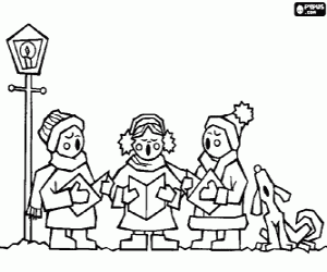 desenho de Crian�as cantando hinos natalinos com seu c�o na rua para o Natal para colorir
