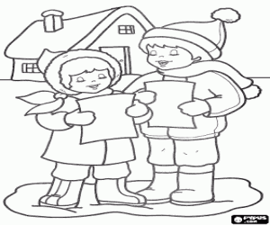 desenho de Crian�as cantando m�sicas natalinas na rua em frente de uma casa para colorir