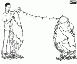 desenho de Crian�as colocando luzes decorativas do Natal em pequenos �rvores  para colorir