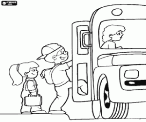 desenho de Crian�as embarcando no �nibus que os leva � escola para colorir