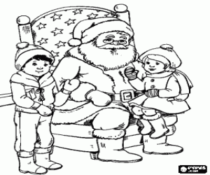 desenho de Crian�as falando com Papai Noel, a menina sentada no seu colo para colorir