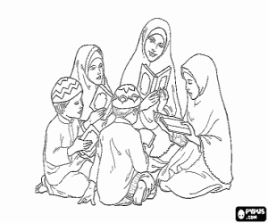 desenho de Crian�as lendo o Alcor�o, Cor�o ou Qur