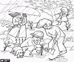 desenho de Crianças plantam pequenos árvores no jardim sob uma chuva de outono para colorir