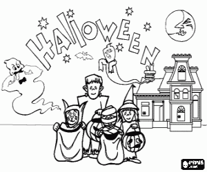desenho de Crian�as vestidas como monstros e bruxas na frente de uma casa encantada com fantasmas na noite de Halloween para colorir