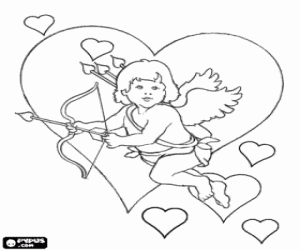 desenho de Cupido com arco e flecha, entre muitos cora��es para colorir