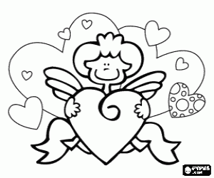 desenho de Cupido com uma decora��o feita com cora��es para colorir