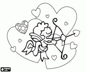 desenho de Cupido em um c�u de cora��es para colorir