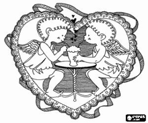 desenho de Cupids apaixonados num cora��o dos Namorados para colorir