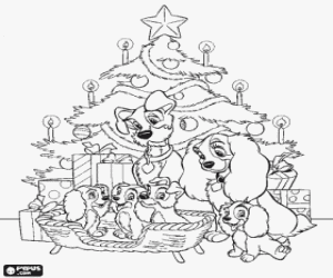 desenho de Dama e o Vagabundo com seus filhotes em frente � �rvore de Natal para colorir