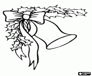 desenho de Decora��o com sino de Natal, folhas de azevinho e fita com um grande arco para colorir