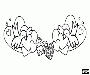 desenho de Decora��o de Dia dos Namorados com dois passarinhos e muitos cora��es para colorir