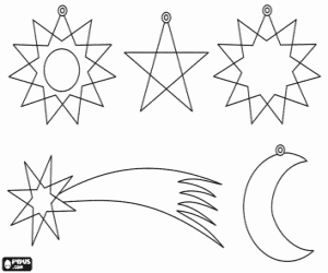 desenho de Decora��es de Natal para pendurar, estrelas, lua e estrela de Natal para colorir