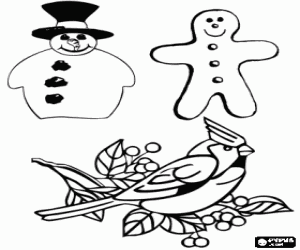 desenho de Decora��es de Natal: snowman, biscoito em forma de homem e ave sobre um ramo para colorir