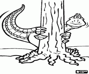 desenho de Dinosauro escondido atr�s de uma �rvore para colorir