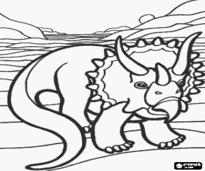 desenho de Dinossauro triceratops com tr�s cornos num paisagem deserto para colorir