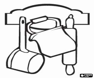 desenho de Diversos utens�lios de cozinha pendurados - Panelas e rolo de madeira para colorir