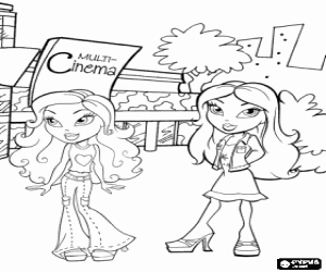 desenho de Dois amigas Bratz andando uma tarde de primavera na frente dos cinemas para colorir