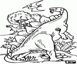 desenho de Dois dinossauros e um pterod�ctilo na paisagem para colorir