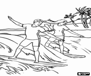 desenho de Dois surfistas navegando ao largo da costa para colorir