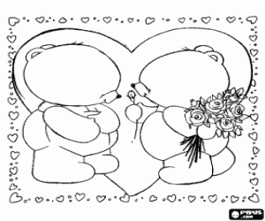 desenho de Dois ursos namrados com cora��es e um buqu� de flores para colorir